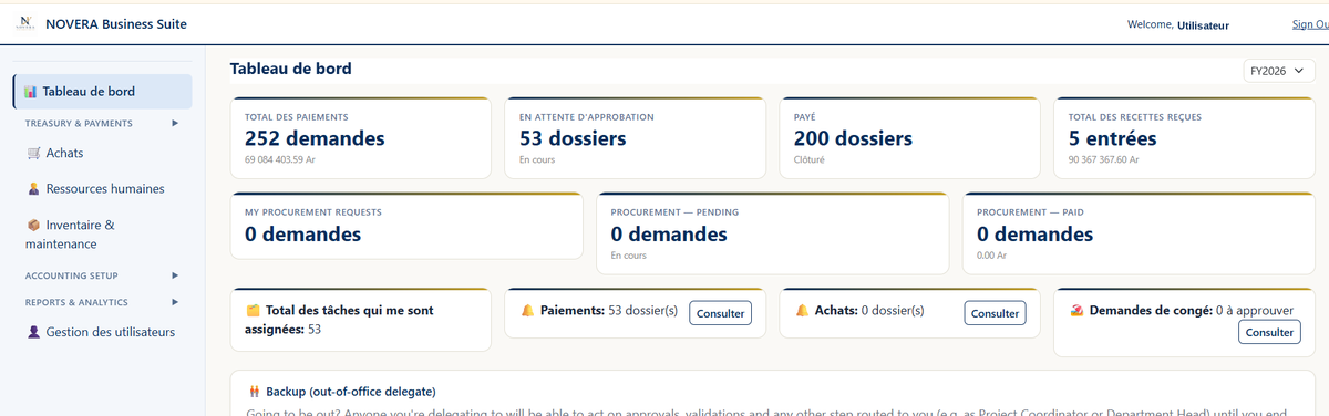 Tableau de bord Novera Business Suite : paiements, approbations, achats et tâches en un coup d'œil