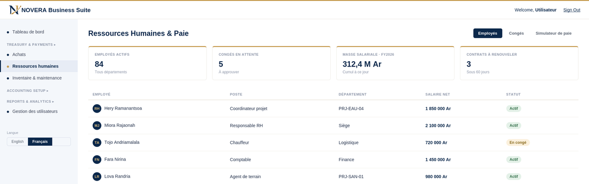 Écran Ressources Humaines & Paie de Novera Business Suite